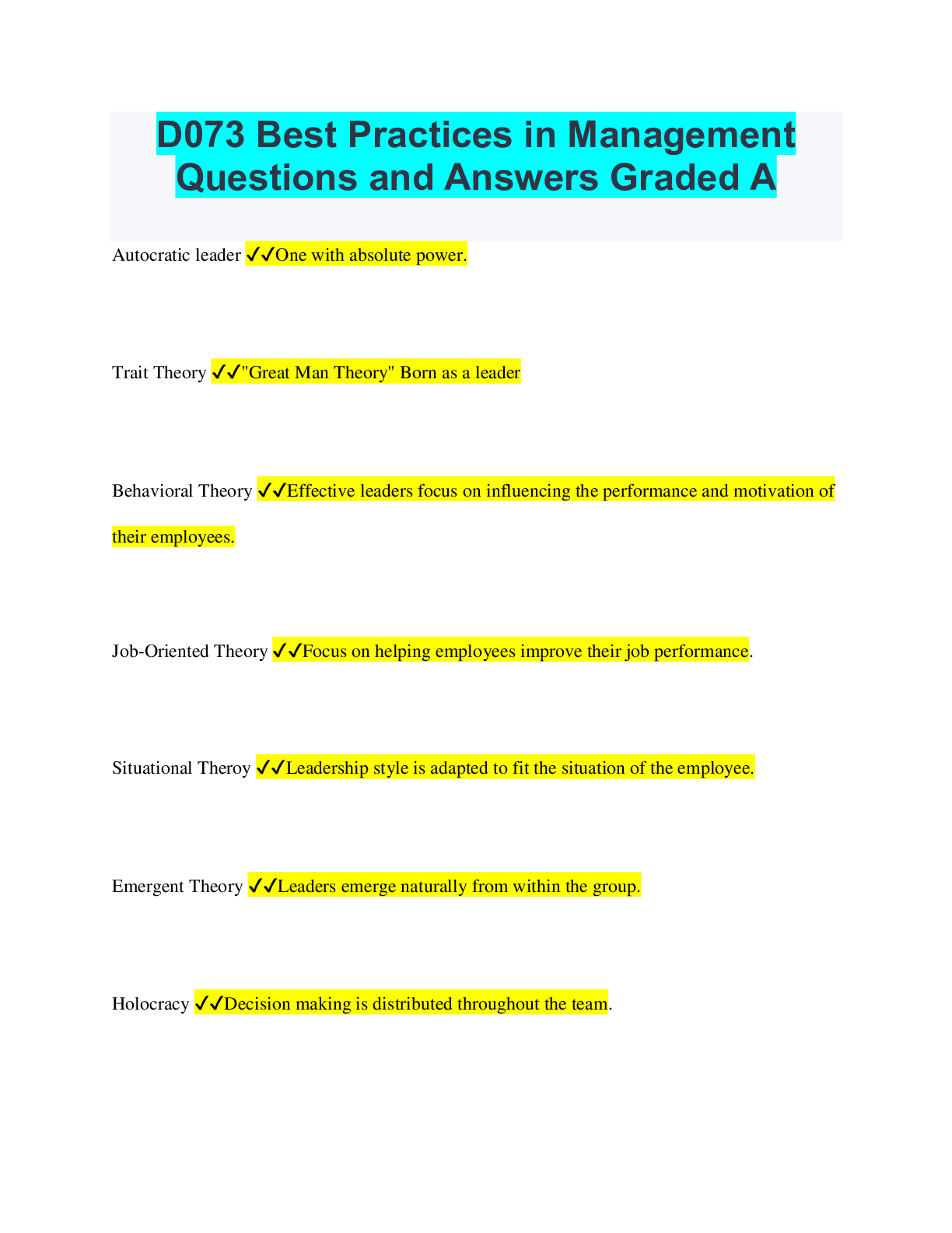 Preview of D073 Best Practices in Management Questions and Answers Graded A